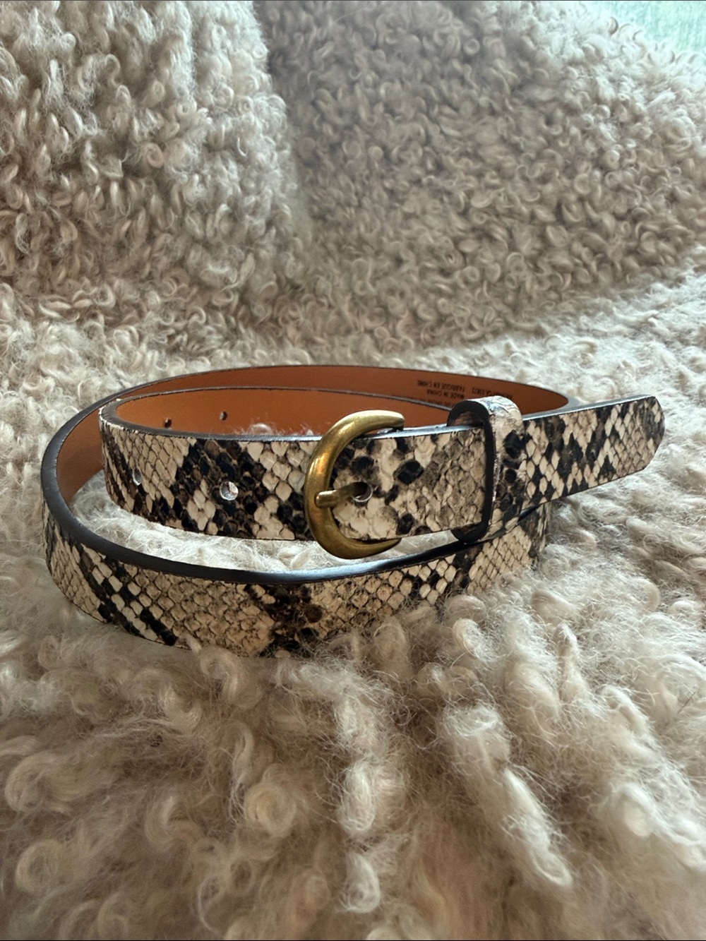 American Eagle Outfitters Snake Print Leather Belt with Brass Buckle